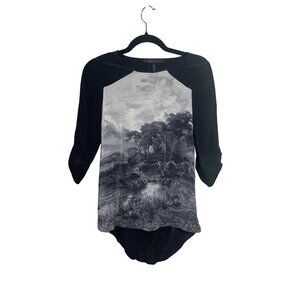 BCBGMAXAZRIA Black & White 100% Silk Landscape Print Blouse XS * Chic * Dressy